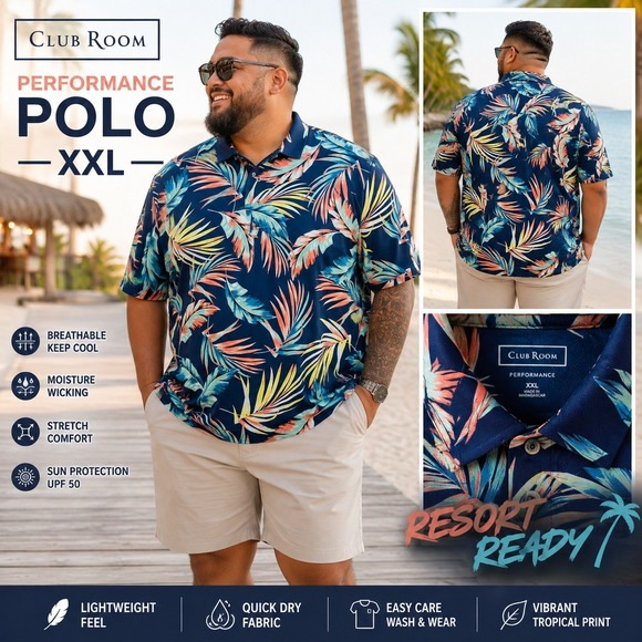 Club Room Other - Club Room Performance Polo 2XL Navy Tropical Palm Print UPF 50 Golf Shirt NEW